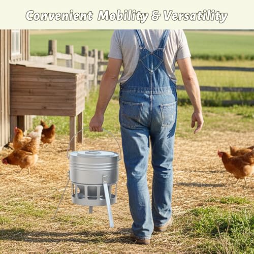 KOL Metal Chicken Feeder - 20lbs No Waste Chicken Feeder with 12 Ports, Powder Coated Rust-Proof Design & Smooth Edges for Safe Feeding (Silver) - color: Silver