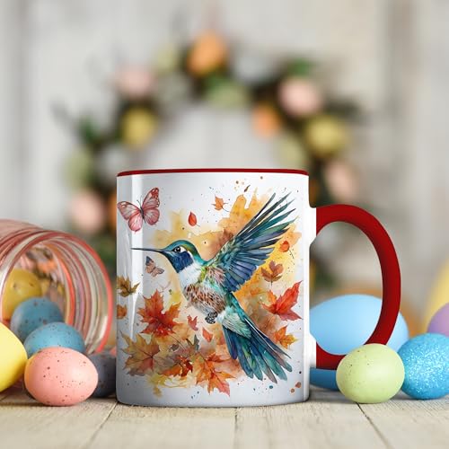 Hummingbird and Butterfly Watercolor Coffee Mug, Fall Bird Lover Mug, Autumn Leaves & Artistic Splash Design, Nature-Inspired Drinkware for Morning Coffee or Tea-Red Handle (Hummingbird) - color: Hummingbird