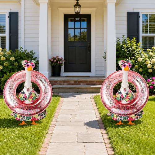 Bikini Porch Goose Outfit with Sunglasses & Swim Ring - Summer Hawaiian Flower Costume for 23" Garden Goose Statue Decor - style: Flower