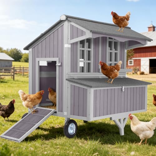 Extra Large Chicken Coop for 4-6 Hens, Mobile Hen House with 8.1" All-Terrain Wheels, Outdoor Poultry Cage with Strong Iron Frame, 3 Nesting Boxes & 3 Perches for Easy Backyard Farm - color: Grey, size: 37.6"L x 48.6"W x 51.2"H