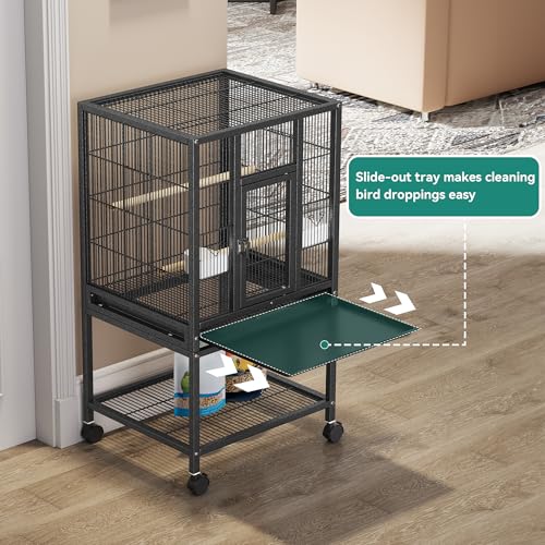 YITAHOME 41 inches Metal Bird Cage for Parakeets: Large Parrot Cages with Tray, Food Boxes, and Wooden Perches with Rolling Stand & Brakes for Lovebirds Cockatiels Pigeon Finches, Black | Large Parrot Cages with Tray, Food Boxes, and Wooden Perches with R