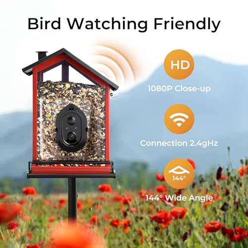 Smart Bird Feeder with Camera, Heavy-Duty Chew-Proof Metal Casing, Solar Powered, AI Identify Bird Species & Instant Notifications, 3.2L Large Capacity Bird Watching Gift, Red