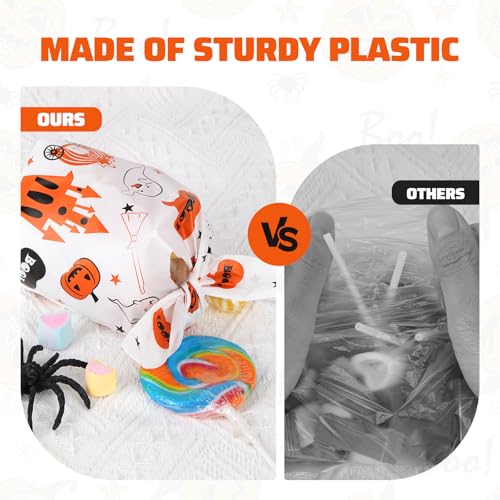 100PCS Halloween Treat Bags with Bunny Ear Ties, Ghost Castle Designs | Thick plastic goodie bags, 2 Halloween designs, ideal for candy, party favors, classroom exchanges and trick-or-treat - color: White & Black