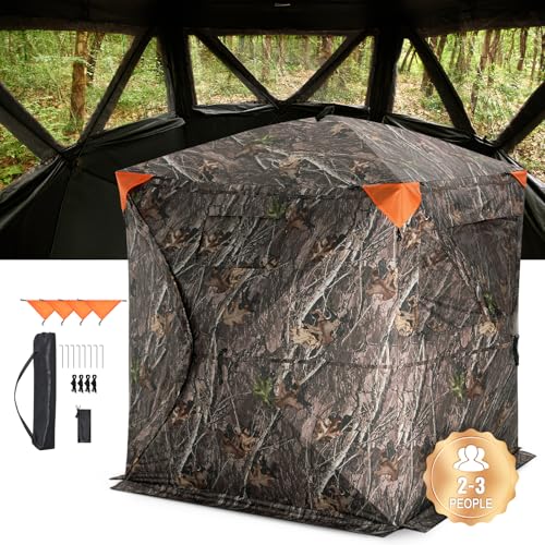 VEVOR Hunting Blind，See Through Ground Blinds with Carrying Bag, 360 Degree Portable Camouflage Tent，Durable Concealed Shelter with Silent Side Door and Window, for Turkey and Deer - size: 2-3 Person