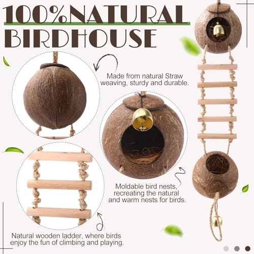 Briwooody Coconut Shell Bird Nest House Breeding Bed Nestingand Anti-pecking Bite with Natural Coir Fiber Bird Nest Toy Bell for Parrot Budgie Parakeet Cockatiel Conure Lovebird Canary Finch (Stylish) - style: Stylish