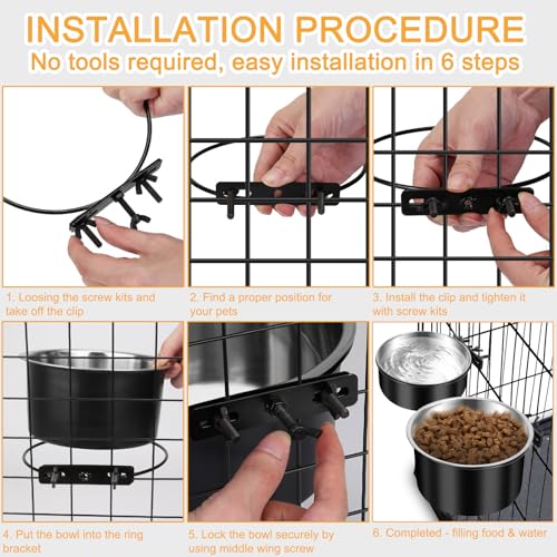 Dog Crate Bowls Hanging No Spill, ShineMe 60oz & 40oz Stainless Steel Dog Kennel Food and Water Bowls Mountable for Large and Medium Pets (7.0 x 3.7” & 6.2 x 2.5”) - color: Black, size: L (7.0x3.7'' & 6.2x2.5'')