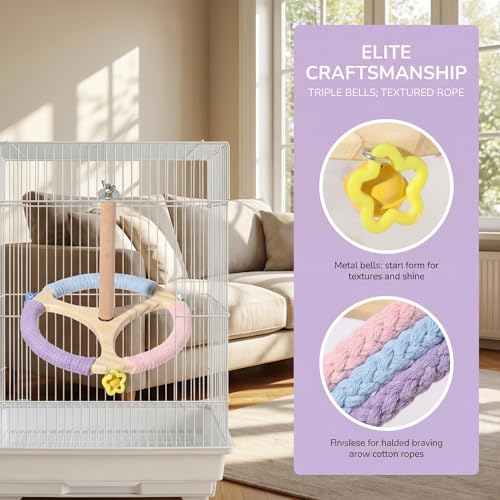 Bird Stand Perch Toy, Rotating Exercise Wheel, 8 inches Wooden Perch with Bells, Cage Accessories for Parakeet, Budgie, Cockatiel