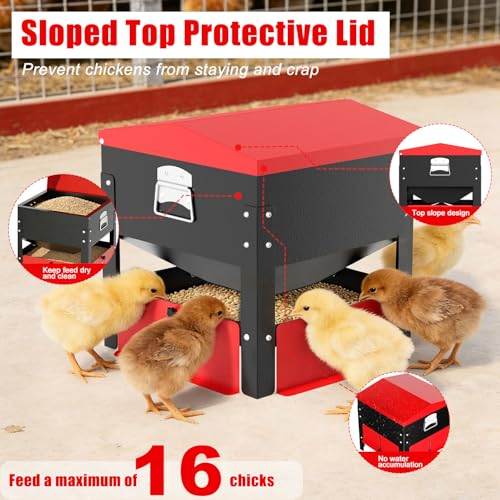80lbs Automatic Chicken Feeder, Heavy Duty Galvanized Steel Poultry Feeder, Weatherproof & Secure-Lid for Outdoor Use, No Waste & Rodent-Proof for Chickens, Ducks, Turkeys - color: 80lbs-Red