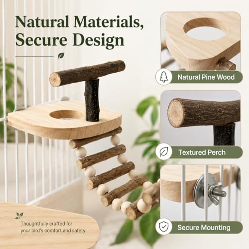Bird Perch for Cage, Natural Pine Wood Platform with Ladder, Cage Mounted Parrot Perch for Parakeets, Cockatiels, Budgies, Finches & Small Birds