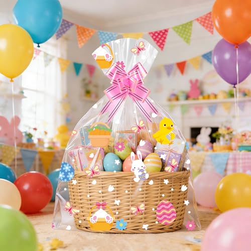 Soarvita 10PCS Large Easter Basket Bags with Bows: 20×28 Inch Clear Cellophane Wrap for Gift Baskets - 2.8 Mil Thick Easter Cellophane Bags for Oversized Toys Holiday Hampers and Gift Wrapping