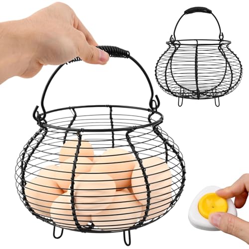 Wire Egg Basket for Gathering Fresh Eggs Holder,Retro Handle Egg Gathering Basket,Metal Eggss Holder-Countertop,Farmhouse-Eggs-Storage Container for Kitchen Easter Decor(Black) - color: Black