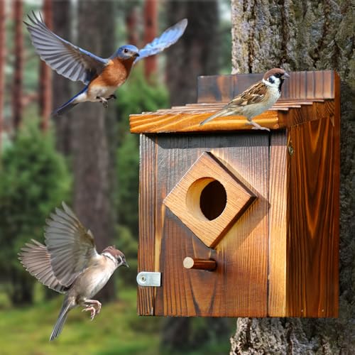 Waterproof Wooden Bluebird House, Weather-Treated Bird Box for Outdoors | Carbonized Wood, 1.5 Inch Entrance Diameter, No Assembly Required Design, Easy to Clean, for Swallows, Finches, Chickadee - color: dark brown