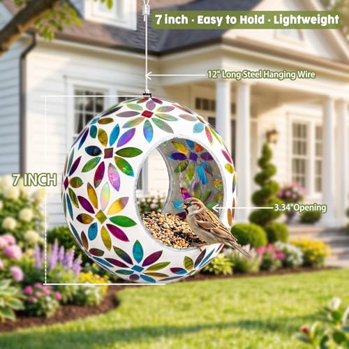 VCUTEKA Bird Feeder Fly Through Mosaic Hanging Birdfeeders for Garden Decor | 7 inch Mosaic Glass Bird Feeeder for Outdoors, Round Shape Glass Container to Attract Wild Birds for Backyard Porch Decor - color: White