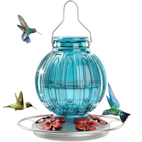 Glass Hummingbird Feeder for Outdoors Hanging, 26 fl oz Bird Nectar Feeder | 5 Metal Flower Feeding Ports, 360° Perch Ring, Easy Refill & Clean, Leakproof, Ideal for Backyard Garden Outdoor Decor, Blue - color: Blue