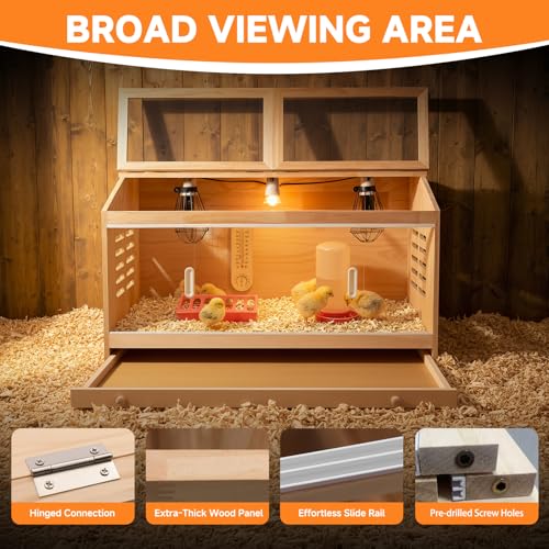 Large Wooden Chick Brooder Box with Drawers, 3 Heat Lamps and Thermostat | Built-in thermometer and pre-drilled holes; 31.5 x 15.75 x 18.1 in for chicks, ducks, quail and hamsters - size: 31.5"L x 15.8"W x 18.1"H