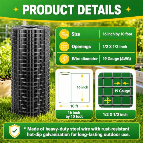 16in x 10ft Black Hardware Cloth - 1/2 Inch 19 Gauge Chicken Wire, Hot-Dip Galvanized After Welding Wire Mesh Roll for Garden Fencing, Chicken Coop & Poultry Cage - size: Black-1/2inch 16inch×10ft