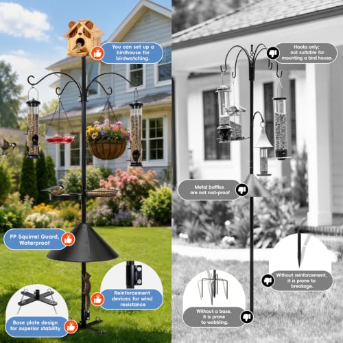 92 Inch Squirrel Proof Bird Feeder Pole with X shape Base Plate, Heavy Duty 1 Inch Dia Bird House Pole, Adjustable Multi-Hook Bird Feeding Station with Squirrel Baffle, Water Bowl & Mesh Tray