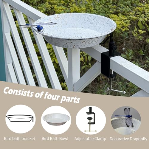 Deck Mounted Birdbath 11.4 inch Bird Feeder for Deck Railing with Adjustable Sturdy Metal Clamp Balcony Railing Birdbaths for Garden Decor in White Color - color: White
