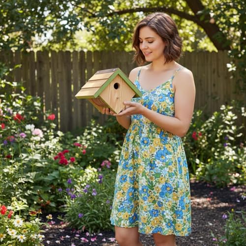 Large Cedar Bluebird House for Outside - Bamboo Shingles Roof Birdhouse for Bluebirds - Weather Proof Metal Protected - 13/16” Thickness Heavy Duty - Detachable and Easy Cleaning (1.5" Hole) - color: Wren&Bluebird