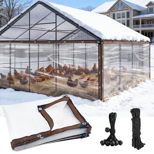 6.6 x 10FT Waterproof Chicken Coop Cover for Winter, Durable Easy Install Chicken Run Tarp with Rope & Cable Tie, Chicken Coop Insulation Windproof Winterizing Cover for Large Chicken Cage Walk-in Run