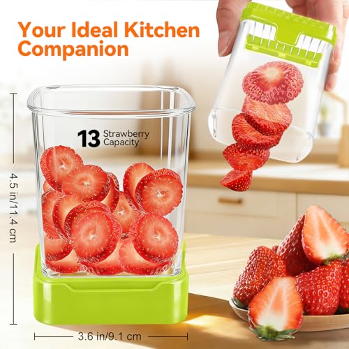 Strawberry Slicer Cup, Fruit Cutter, Quick-Slice, Meal Prep, Green | Dual-Function Base, Easy-Clean & Storable – 304 Stainless Steel Blade – Quick & Safe Slicing Kitchen Gadget - color: Food green
