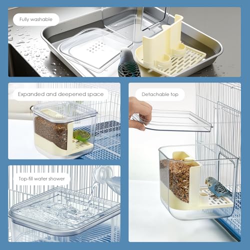No Mess Automatic Bird Feeder, 2-in-1 Large Capacity Feeding Bowl for Birdcage, Multifunctional Food Container and Bathtub, Transparent Seed Food Container (Transparent)