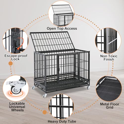 Homey Pet 37 Inch Three Tiers Stackable Dog Crates for Medium Dogs | Indestructible Heavy Duty Dog Crate Cage with Lockable Wheels, Removable Tray, Opent Top, Escape Proof Locks, Bowls - size: 37"L - 3 Tiers