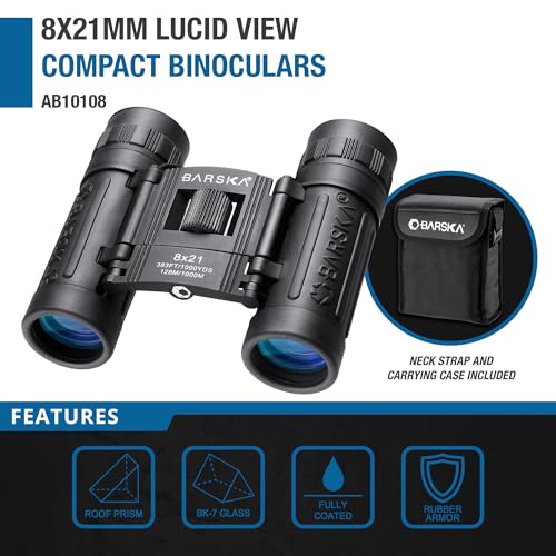 Barska Lucid View Compact Binoculars – Fully Coated Roof Prism, Center Focus, Lightweight Outdoor Binoculars for Bird Watching, Hiking, and Travel - size: 8x21