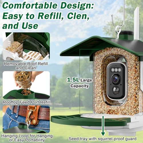 Smart Bird Feeder with Camera, 2K AI Identification, Grass Green | Dual Solar Power, 32GB SD Included, Squirrel Barrier Tray, IP65 Weatherproof, Instant Bird Alerts, 30-Day AI Cloud Trial - color: Grass Green