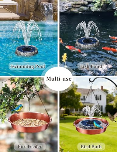 Hanging Bird Bath with Solar Fountain & Water Pump, 11.5” Antique Copper Finish Metal Birdbath Bowl, Rock Design & Solar Panel – Outdoor Garden Decor Yard Art