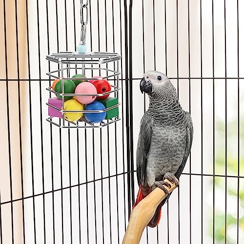 Bird Stainless Steel Foraging Feeder Parrot Hanging Feeding Box for Macaw African Grey Cockatoo Cockatiel Amazon Cage (Foraging Feeder with Blocks)