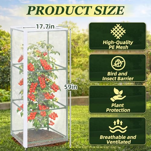 3PCS Garden Bird Netting for Square Tomato Cage with Zipper & Drawstring | 59 x 17.7 Inch Reusable Fine Mesh Plant Covers for Tomatoes, Fruits and Climbing Vines - size: 17.7x17.7x59in