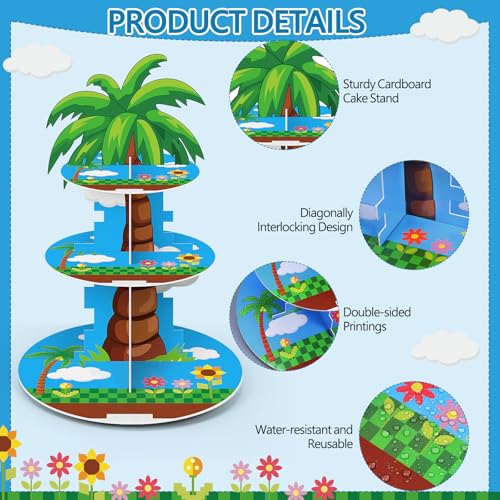 Blue Cupcake Stand Cartoon Themed Birthday Party Decorations 3 Tier Palm Tree Dessert Cake Toppers Stand Decorations Cupcake Holder Tower for Video Games Party Supplies Pixel Baby Shower - style: Cartoon