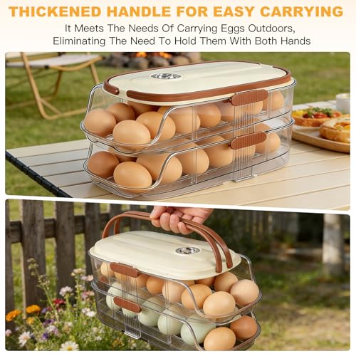 Egg Holder For Fridge, Egg Container for Refrigerator,Double Column | With Lid And Handle, BPA-Free Detachable Tray, Timer Tracker, Automatic Rolling for Kitchen, Outdoor - color: Double Column