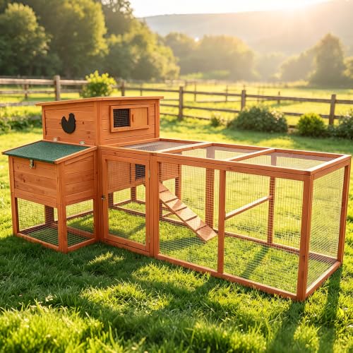 XLarge Chicken Coop with Nexting Box and Run Premium Poultry Cage with Waterproof Roof and Tray Spacious Wooden Chicken House Size for Backyard Small Animals 3-4 Chickens and Duck Orange 80"
