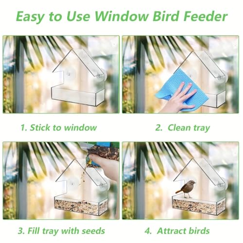 Clear Window Bird Feeders with Strong Suction Cups and Drain Holes Sturdy and Durable 360° View Acrylic Birdfeeders for Viewing Wild Birds Outside, Outdoor Small Bird House, Garden Decor