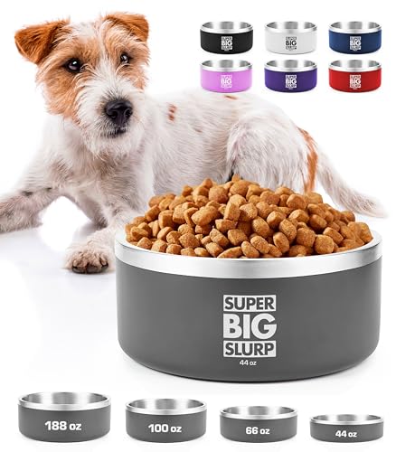 Tuff Pupper Heavy Duty Insulated Dog Bowl | Double Wall Stainless Steel Dog Food Dish | Non-Slip Spill Proof Dishwasher Safe Cat Bowl | Water Dish for Feeding Large Medium Small Pets (44oz, Grey) - color: Cool Grey, size: 44oz