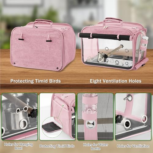Bird Carrier Airline Approved, Bird Travel Cage with Indestructible Stainless Steel Mesh, Bird Travel Bag Lightweight and Portable with Water Bottle and Bowl - color: Pink