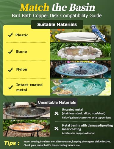 Mellbree 2-Pack Bird Bath Copper Disc, 0.6mm Reinforced 99.99% Pure Copper Cleaning Disk with Triple-Point Support for Physical Safe Clean Water All-Season, Universal Fit for Outdoor Birdbaths, Bowl - color: Copper Bird