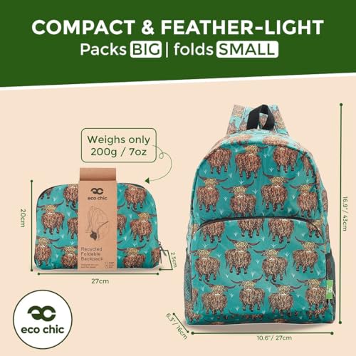 ECO CHIC Hiking Lightweight Packable Backpack - Foldable Daypack for Travel & Hiking & Outdoor Adventures - Waterproof Backpack from Recycled Materials (Highland Cow Teal) - color: Highland Cow Teal
