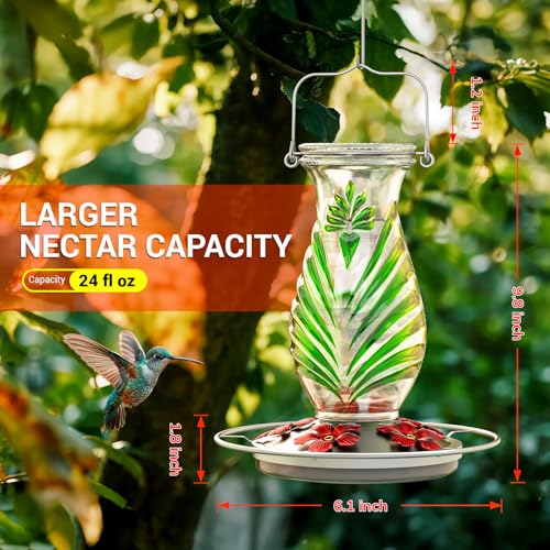 Hummingbird Feeder for Outdoors, 24oz Glass Nectar Feeder with Perch & 5 Flower Feeding Ports, Leakproof Hanging Bird Feeder for Garden Yard Decor, Outside Gifts for Women & Mom, Spring Green - color: Spring Green