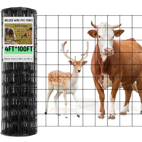 Gisafai 16 Gauge Galvanized Welded Wire Fence 4 ft x 100 ft PVC Coated Hardware Cloth, 2.36" x 2.36" Mesh, Heavy Duty Garden Fencing Roll for Chicken, Dog Yard, Deer Cattle & Animal Protection(Black) - color: Black, size: 4 ft X 100 ft