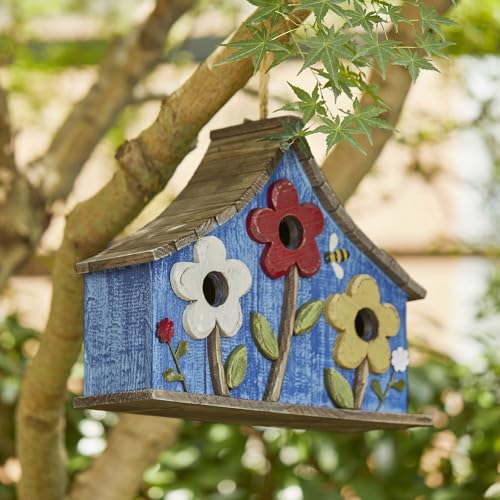 Glitzhome Bird Houses for Outdoors, 15" L Oversized Distressed Solid Wood Garden Hanging Birdhouse with 3D Flowers Three-Story Villa Decorative Hand-Painted Blue Bird Houses for Outside,Washed Blue - color: 15"L 3D Flowers Washed Blue