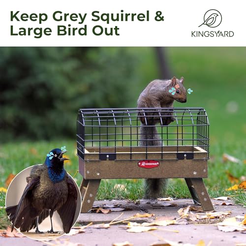 Kingsyard Squirrel Proof Caged Platform Bird Feeder for Small Birds | Recycled Poly Lumber, Protective Metal Cage, Raised Platform, Drainage Mesh Tray, Foldable Legs for Outdoor Bird Feeding - color: Brown