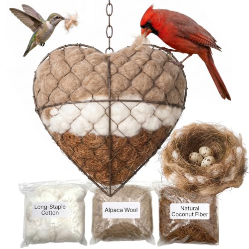 Star Shaped Handmade Alpaca Fiber Bird Nesting Holder, Refillable Natural Nesting Material for Wild Birds, Hummingbirds & Chickadees, Outdoor Garden Tree Decor, Gift for Bird & Nature Lovers - color: heart