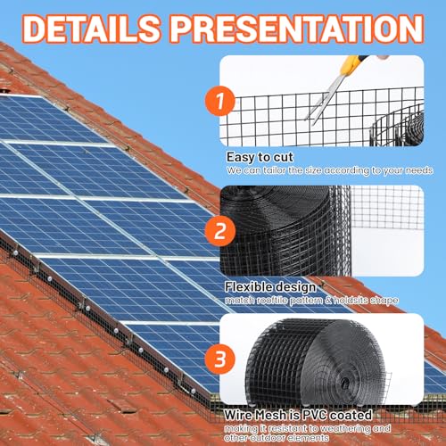 Solar Panel Bird Guard with 60 PCS Clips, 6in x 100ft Solar Systems Mesh | PVC Coated Pigeon Netting, Critter Guard for Squirrel Rodent Protection Rooftop Roof Protection Bird Netting