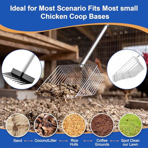 5 Pcs Chicken Poop Scooper Set with Gloves 3-in-1 Manure Scoop with Iron Shovel Rake Combo & 4 Section Adjustable Stainless Steel Handle Sand Sifting Litter Scoop for Chicken Coop Farms Goat