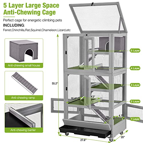 GUTINNEEN Ferret Cage Chinchilla Cage Five Layer Mobile Small Animal Cages Anti-Chewing for Rat Squirrel 55.2" H - size: 27.6"L x 20"W x 55.2"H