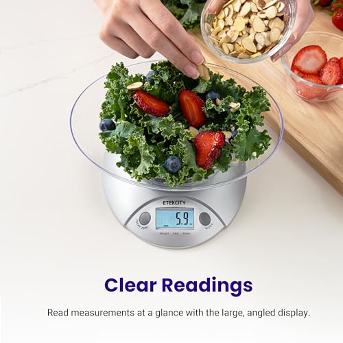 Etekcity Food Kitchen Scale with Bowl, 11lb/5kg, Grams and Ounces | Removable bowl with tare, backlit display, ideal for baking, meal prep, dieting and weight loss - color: Stainless Steel-Gray