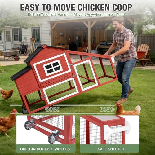 Chicken Coop with Wheels,Outdoor Hen House with Waterproof Asphalt Roof, Wooden Poultry Enclosure with Easy-Clean Slide-Out Tray,Poultry Cage with Nesting Boxes for Duck Rabbit Chicken(Red)